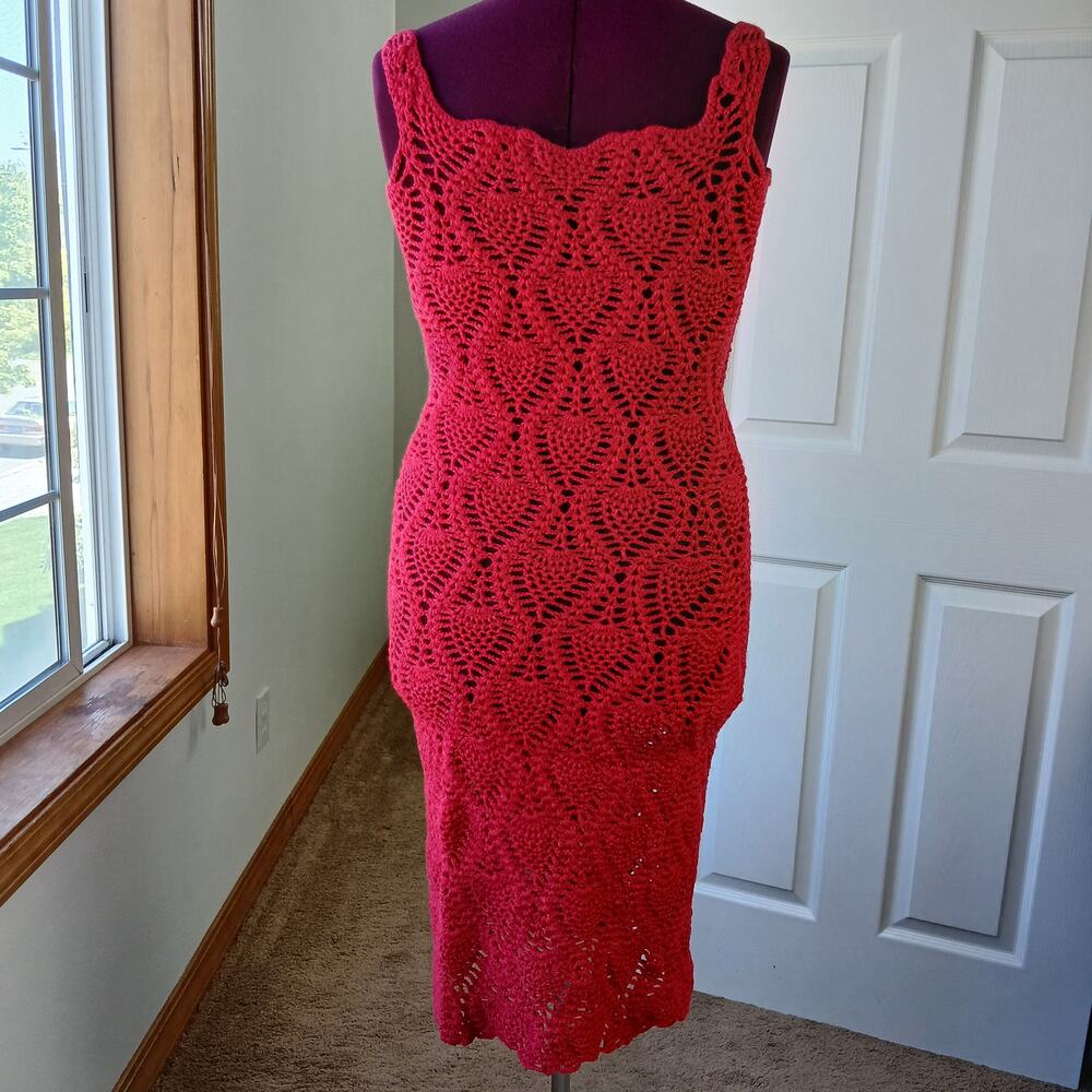 Hand Crafted Red Crochet Lace Gown M L XL 2X bodycon midi tube dress swim cover - Picture 4 of 11